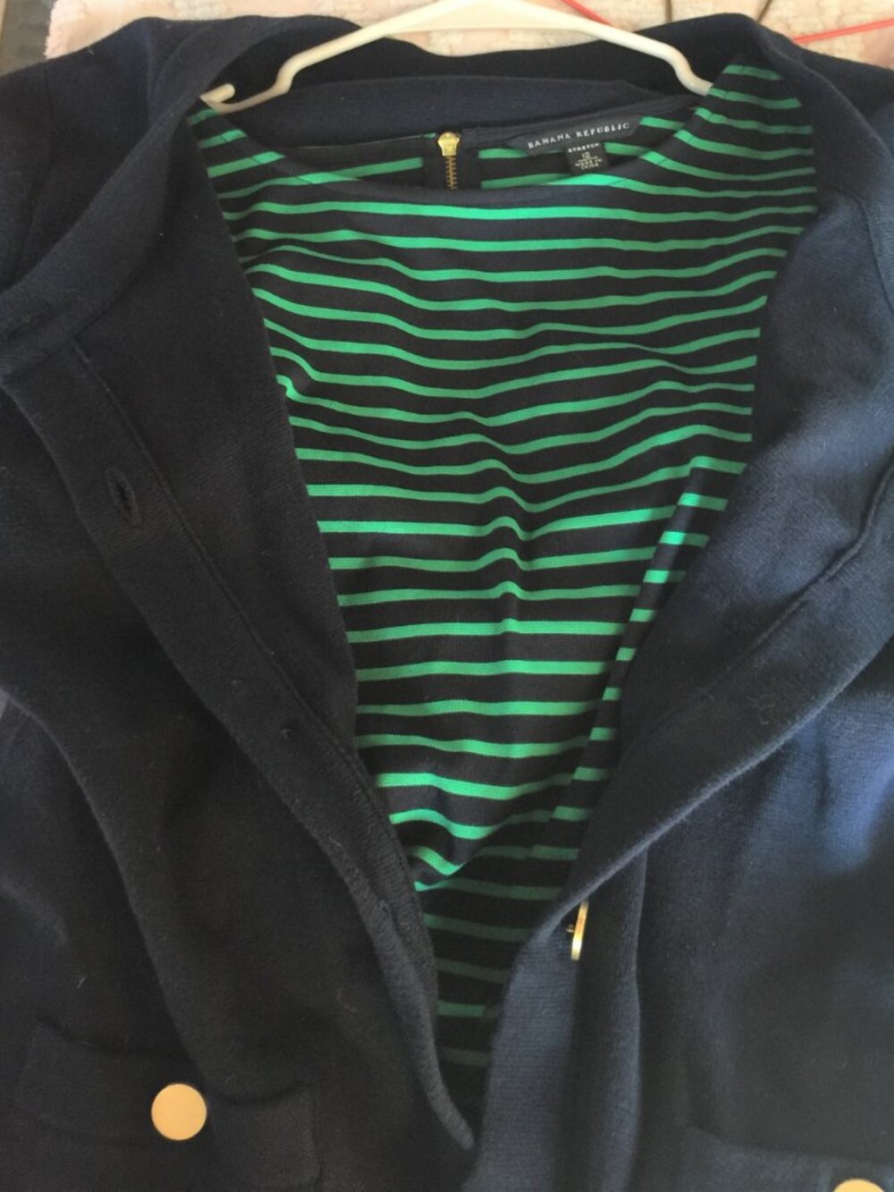 Banana Republic 2 pc set knit top and blazer cardigan Sz 12 Navy Blue/Lime Green